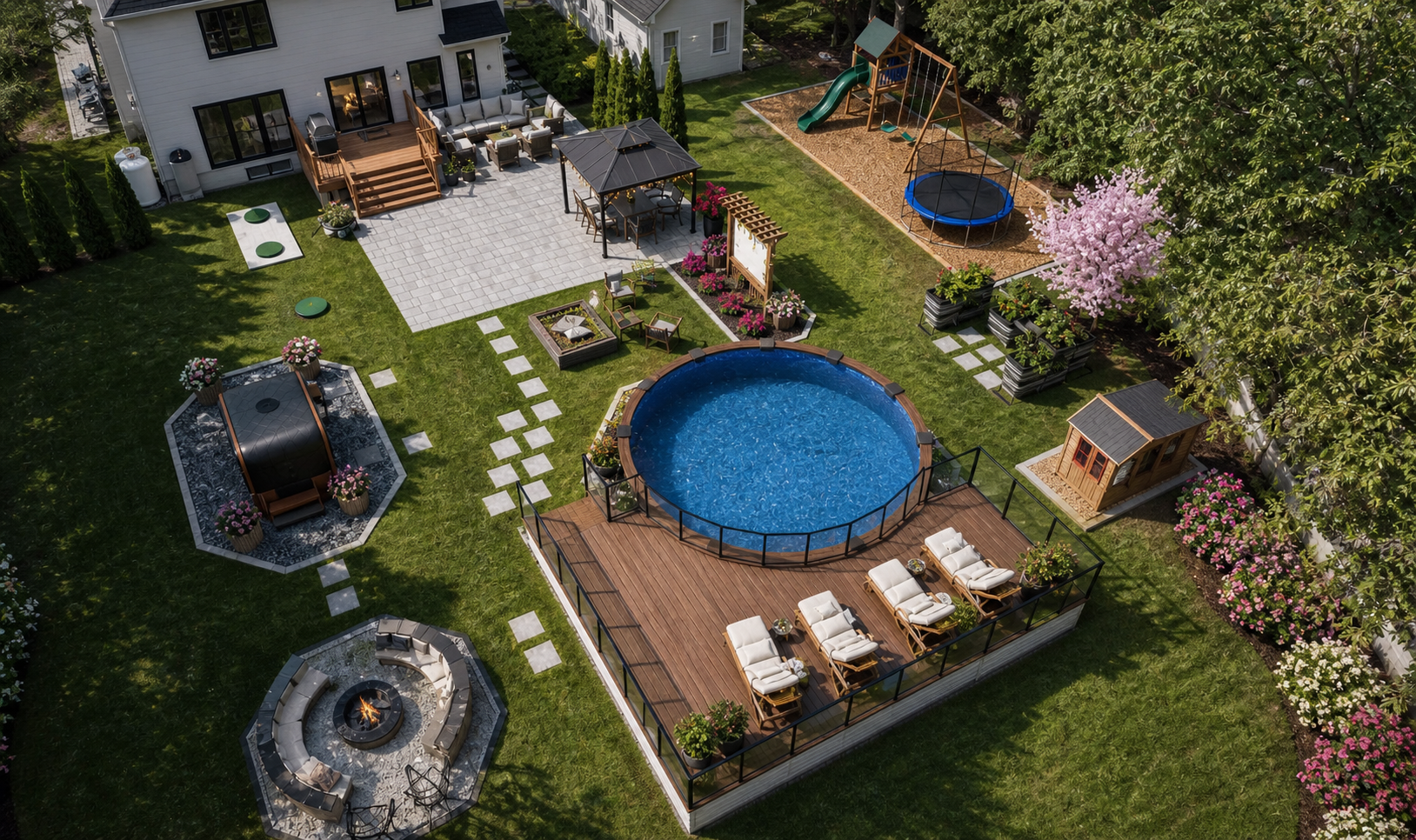 Cour arrière complète — piscine & jeux